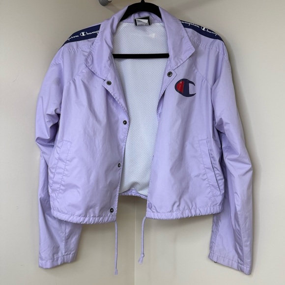 Champion Lilac Purple Windbreaker Jacket | Vintage Style Logo Zip-Up **Flaw** - Picture 3 of 7